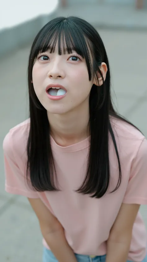 The high resolution photograph of a Japanese young female idol, intricate details, extremely detailed, sharp focus, solo, 1girl, straight long black hair with bangs, pale skin, detailed face, detailed eyes, sophisticated nose, (standing leaning forward, lo...
