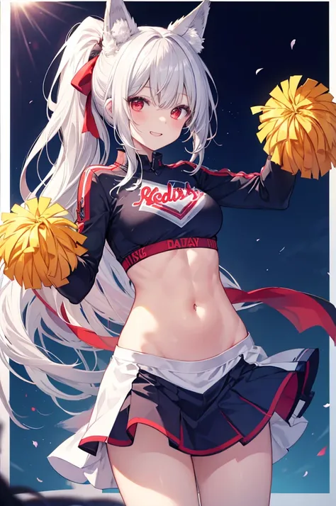   silver hair、 red eyes、  fox ears、  girl、medium breasts、  ponytail、  girl、medium breasts、Bright smile、Good physique, medium-chested  girl、  he's short、 cheerleader、 they are dancing