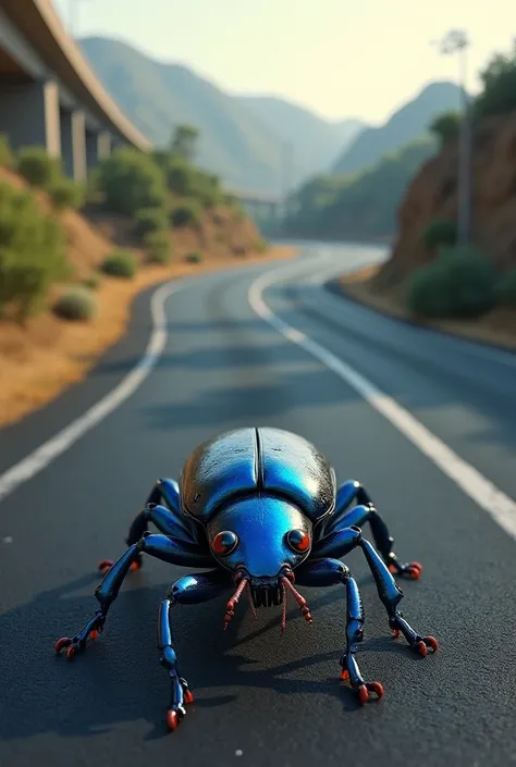 Make a blue beetle on a highway road