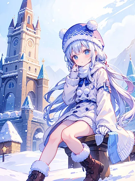 Little  taking a commemorative photo with a big snowy castle in the background at the Snow Festival、 knitted hat 、Cute Boots、Wool gloves、 cute pose