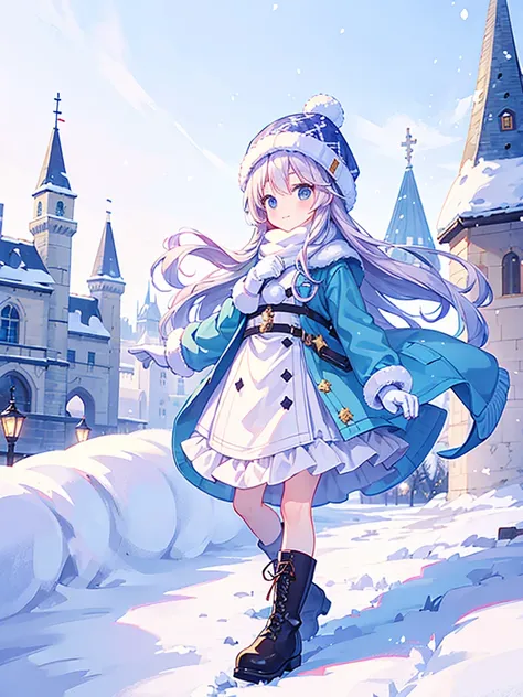 Little  taking a commemorative photo with a big snowy castle in the background at the Snow Festival、 knitted hat 、Cute Boots、Wool gloves、 cute pose