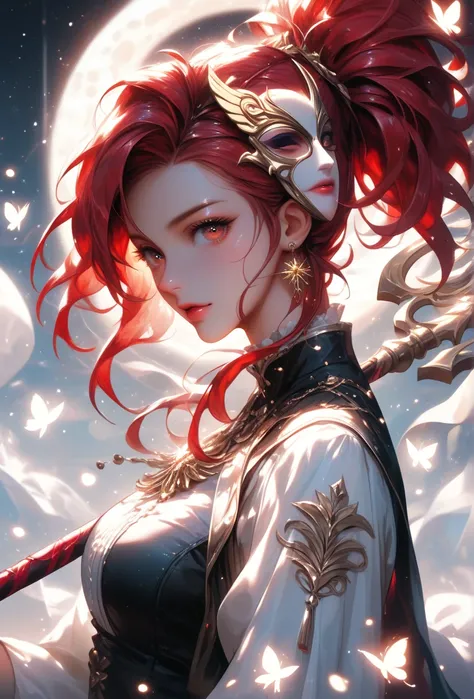 A solemn and mystical figure bathed in dim, warm light, her serene expression conveying a sense of quiet power as she stares intently at the viewer. She is adorned with a red, leather-like hair band that frames her face which is painted with a stark white ...