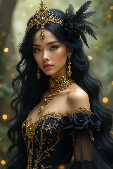 
“A stunning fantasy portrait of a regal woman with long, wavy black hair adorned with intricate gold jewelry and delicate feathers. She has a graceful and elegant face with glowing, flawless skin and piercing eyes. Her dress is an ornate black and gold go...