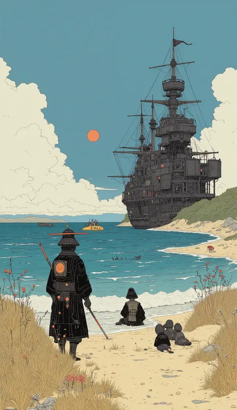  Super Real、  photorealistic、A sandy beach in the Edo period 、 A group of samurai staring at a black ship approaching from a distance from a sandy beach、There's no way to beat a huge black ship that can be seen from afar 、Just stand still 