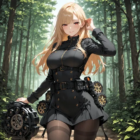 1 girl, Thousands of anger  ,  culprit gear,cowboy shot, forest,  hand in ear , medium large breasts,  opened her lips,  seductive smile, pantyhose , ,,  masterpiece,  best quality,  incredible quality bangs,  detailed background,  intricate details