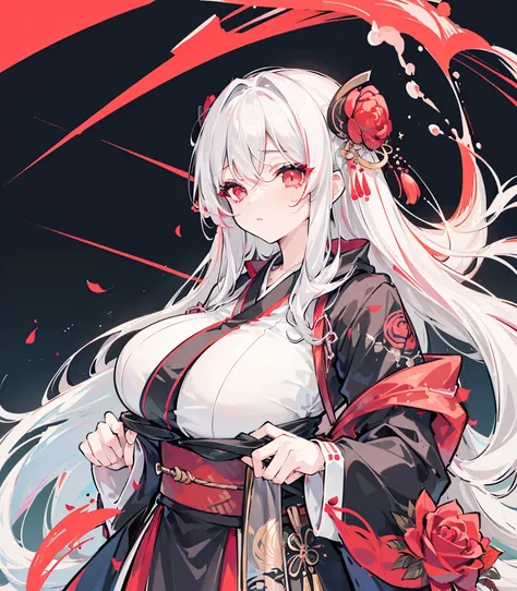  one girl, ((Big Breasts: 1.4)), (( nothing )), ((Masseter muscle area)), (( best quality)), ( very detailed)),  large file size,  full color,  long white hair,  red eyes, ( eyeliner),  Black rose pattern  ,  kimono,