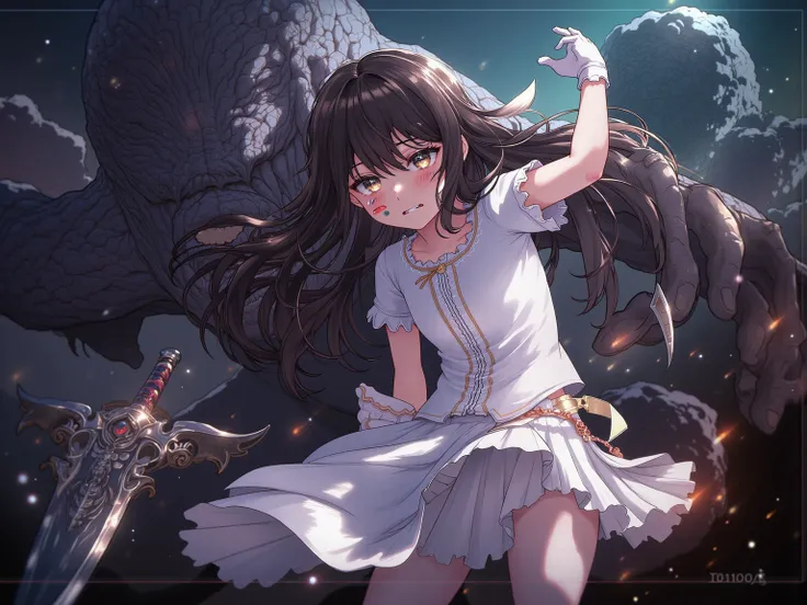 whole bodyが見える,The girl is seriously injured  , Frightened face、,Crying face, the girl who is jumping 、 The girl has a distressed expression 、Frightened face、A fight between a girl and a monster , monster catches girl and lifts her,Monster bites girl , she...