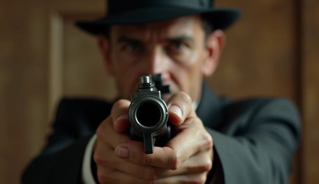 A photorealistic cinematic wide-angle 8K scene of a man in a vintage prohibition-era suit and fedora aiming a Thompson submachine gun with a round drum magazine directly at the camera. The iconic drum magazine and detailed steel barrel are in sharp focus, ...