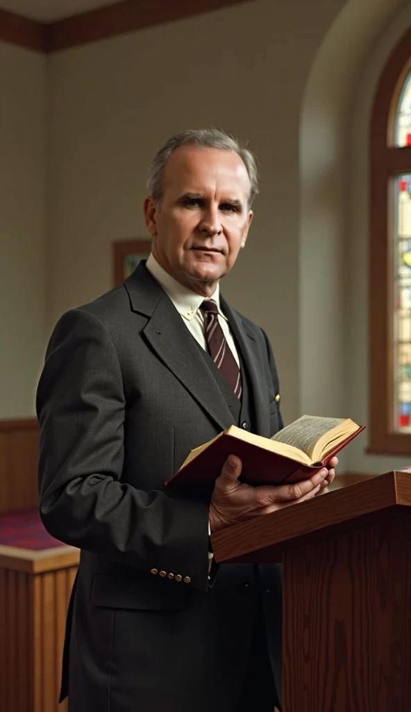 47-year-old single male preacher living in the 1950s in the United States of America wearing a balder suit with dark hair