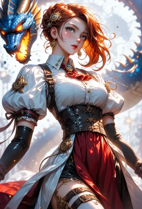 A visually stunning closeup portrait capturing the essence of beauty and emotion. Subject: A confident woman with long, flowing auburn hair, wearing a striking outfit inspired by steampunk and fantasy elements. Her attire consists of a bold, deep red dress...