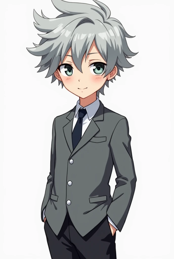 Make an anime-style cartoon of a  boy, wearing a formal gray uniform and black pants traditional Japanese school style, With gray hair like mist and pointed Messy Pomp style shaved on the sides, and eyes as white as quartz
