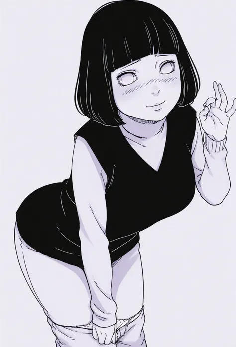 masterpiece, best quality, amazing quality, monochrome, black and white, comic,1girl,  hyuuga hinata, black hair, bob cut, blunt bangs, byakugan eyes,  sweater, black vest, capri pants,  light smile,  BREAK (simple background:1.1), leaning forward, fellati...