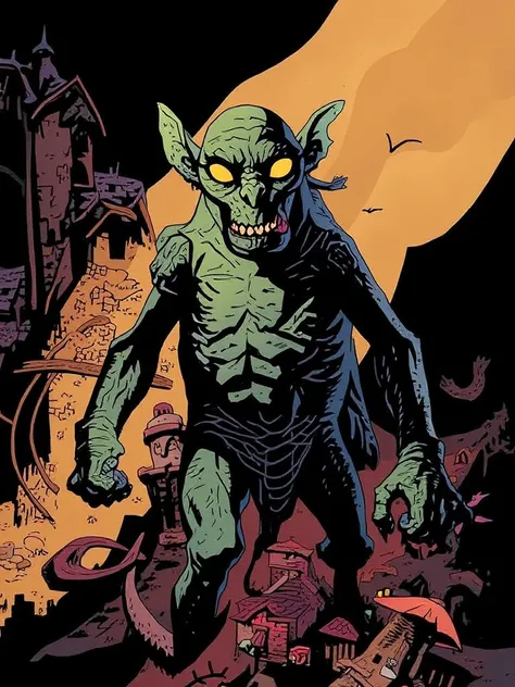 comic quality, cinematic shot, dynamic angles, breathtaking background, comic style, mike mignola style, goblin 