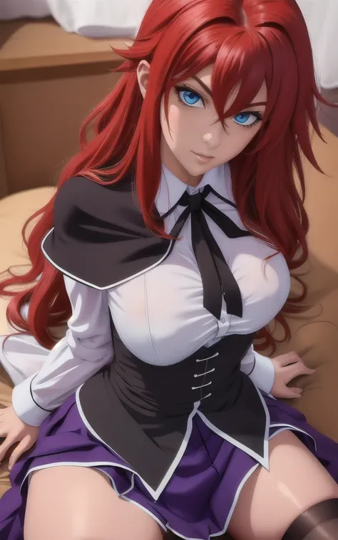 ((masterpiece, best quality)), insaneres, absurdres, solo, looking at viewer, 
ANIME_DxD_Rias_Gremory_ownwaifu, 
1girl, bangs, long hair, red hair, breasts, large breasts, rias gremory, blue eyes, hair between eyes, very long hair, collarbone,  hair over b...