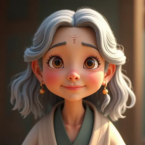 "Create a close-up animated character of an 80-year-old beautiful Asian spiritual teacher. The view should show from her hair to half of her torso. She has shoulder-length silver hair, styled gracefully, with soft waves that reflect her wisdom and elegance...