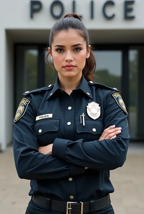 Beautiful Latina woman, USA police, in uniform, at attention, proud, close-up, police station, sharp focus,