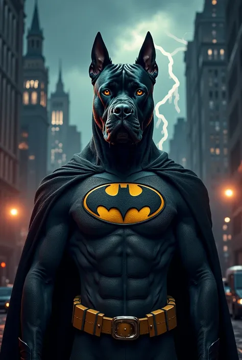 "Create a highly realistic image of a Cane Corso dog dressed as Batman, wearing a detailed Batman suit with a Batman logo on its chest. The dog has a fierce and heroic expression, with glowing eyes. The background is Gotham City at night, with dark skies, ...