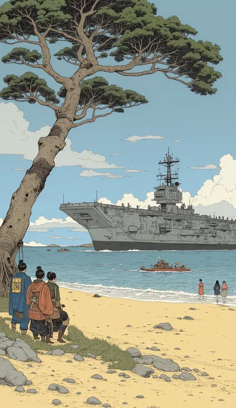  Super Real、  photorealistic、Japanese painting style、A sandy beach in the Edo period 、pine tree、 a group of samurai watching the aircraft carrier that has arrived from a sandy beach、 tomcats launch from an aircraft carrier 、 people flee to the cannons that...