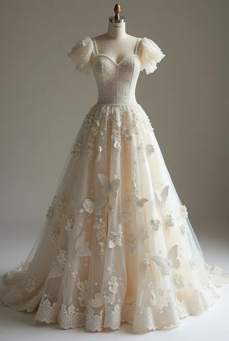 A wedding dress wrapped with two naguas, with a cuff and a strap full of embroidered flowers, a marked waist and lots of white glitter all over the dress and embroidered butterflies on the skirt