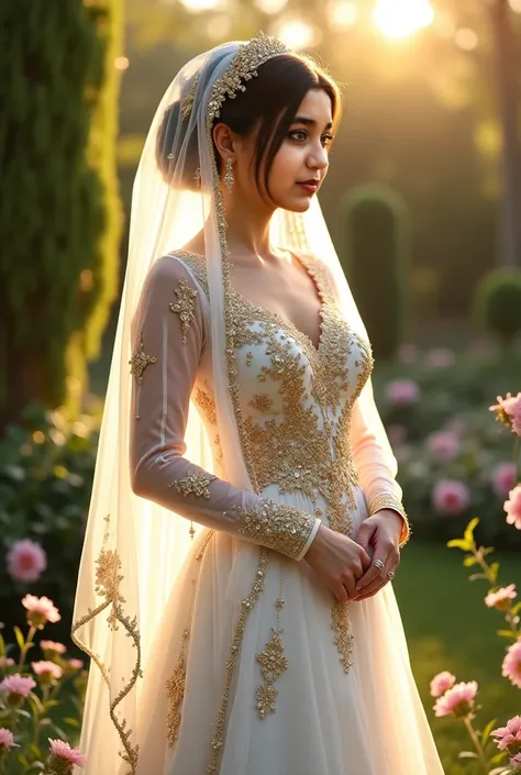 Change it into a nikkah bride and dress should be white with golden work and hair should be some open with a bridal hairstyle background should be like a garden area