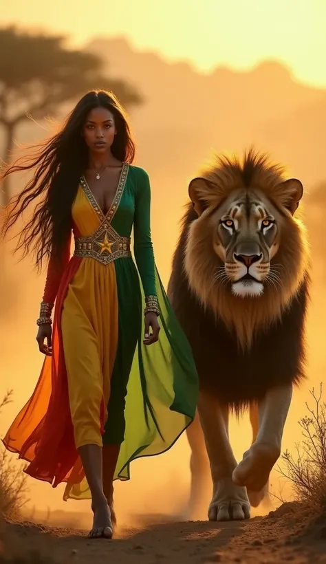 "A magical and powerful woman with long, dark hair and deep brown eyes, embodying the spirit of nature and wealth, walks forward with unwavering confidence, her gaze locked onto the camera. She wears an elegant, intricately designed outfit in the colors of...