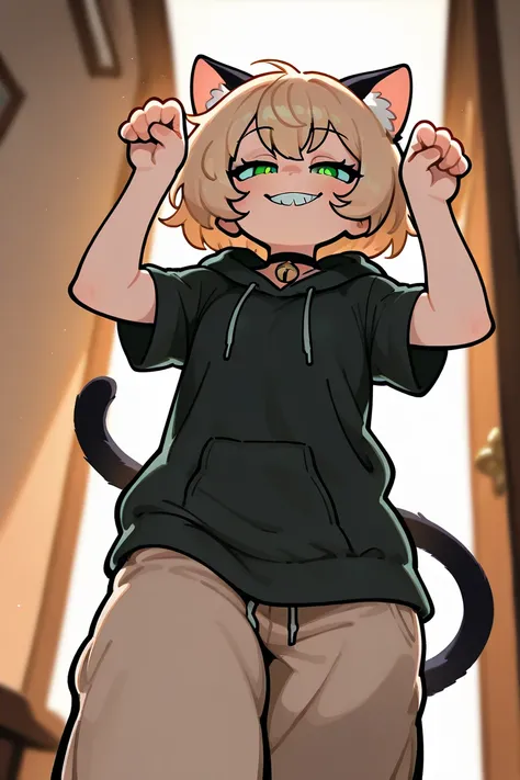 masterpiece, high resolution,  best quality,  blonde,Black cat ears,Black cat tail, Shota,1 person,Naughty,Fluffy and disheveled hair,Short hair, green eyes, Large Short Sleeve Black Hoodie,large light brown pants,smile, big black hoodie that doesn't fit m...