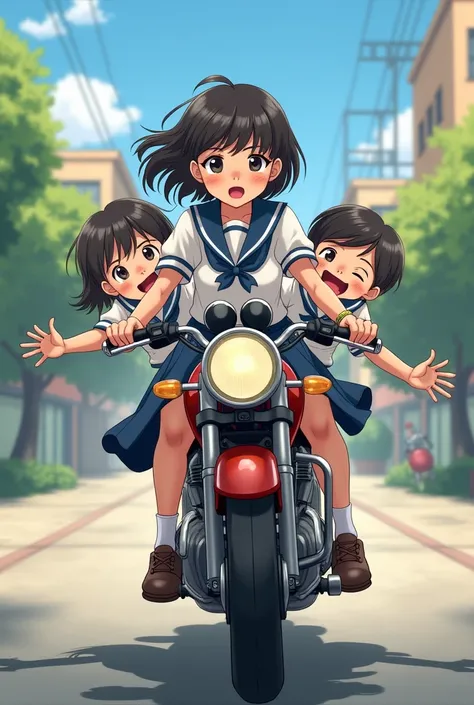 Girl riding motorcycle in school dress and small brother sitting in back catching her boobs  