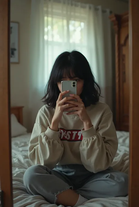  Young ager taking a picture in front of the mirror,  Woman, Photo sitting on the edge of the bedroom bed next to the mirror focusing on the face covered by the cell phone,  dark hair,  brand