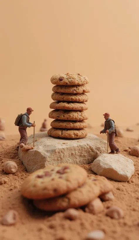 cinematic film still Miniature food photography, group of pickers, hiking in chip chocolate, stack of similar cookies on a rock in the middle, neutral background, soft mix of colors, surreal photography style, bright studio light, minimalism