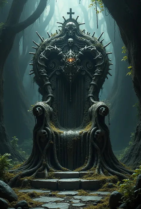 a throne, made of skulls and bones entwined in vines, dark fantasy, detailed, highly realistic, cinematic lighting, moody atmosphere, dramatic shadows, ornate, intricate design, twisted and gnarled, overgrown with ivy and moss, ancient and foreboding, (bes...