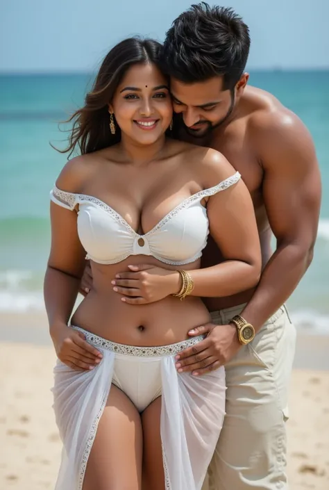 Man hugging voluptuous young indian woman of 21 years covering white bikini lingerie whith translucent saree.. covering with white transparent translucent saree. Bikini is visible ,wife  hugging husband