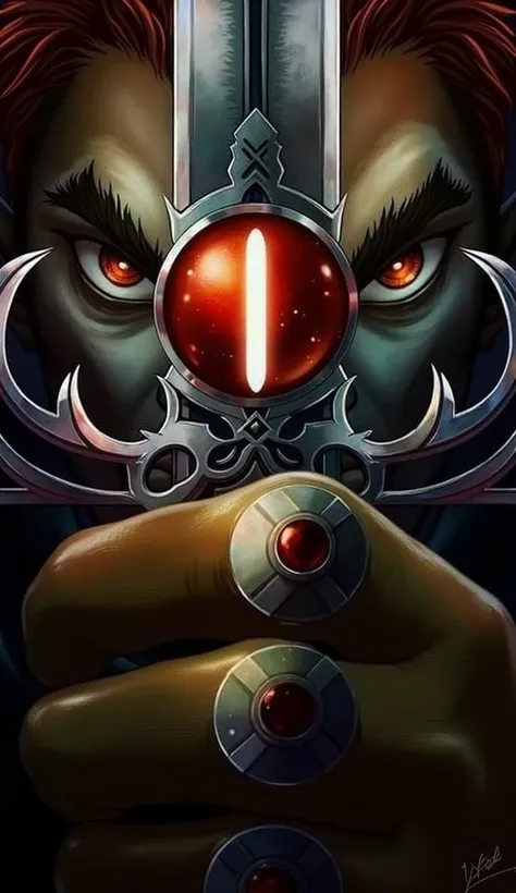 " A detailed and dramatic close-up illustration of a ferocious and mysterious character holding a sword vertically.  The sword has a distinct design with a red gem similar to an eye in the Center and details metallic .  The character's intense eyes shine b...