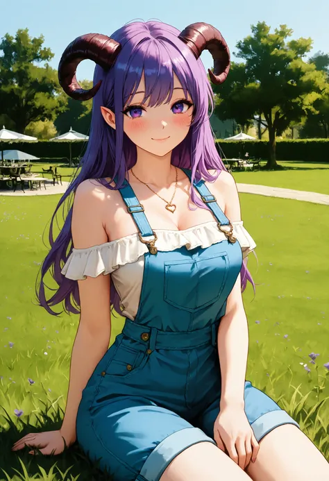 1 woman, solo, cowboy shot, succubus, horns, violet hair, violet eyes, beautiful detailed eyes, medium breasts, beautiful necklace, short legged overall, bare shoulder, thicc-thigs, cute smile, blush, sitting on the grass, posing for a photo, outdoors, bea...