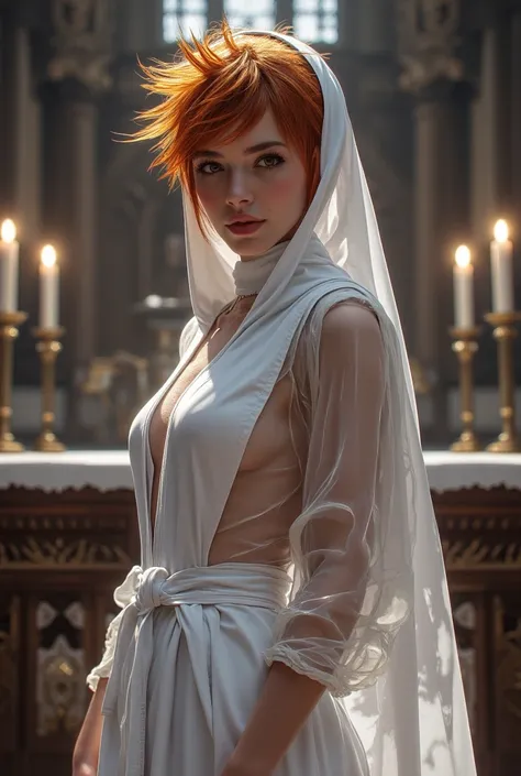 25 year old nun, athletic build, perfect eyes, enigmatic smile, bright red hair, really messy spiky haircut, small c-cup breasts, wearing see-through skin-tight white habit and coif, background is cathedral, standing in front of altar, high detailed, high ...