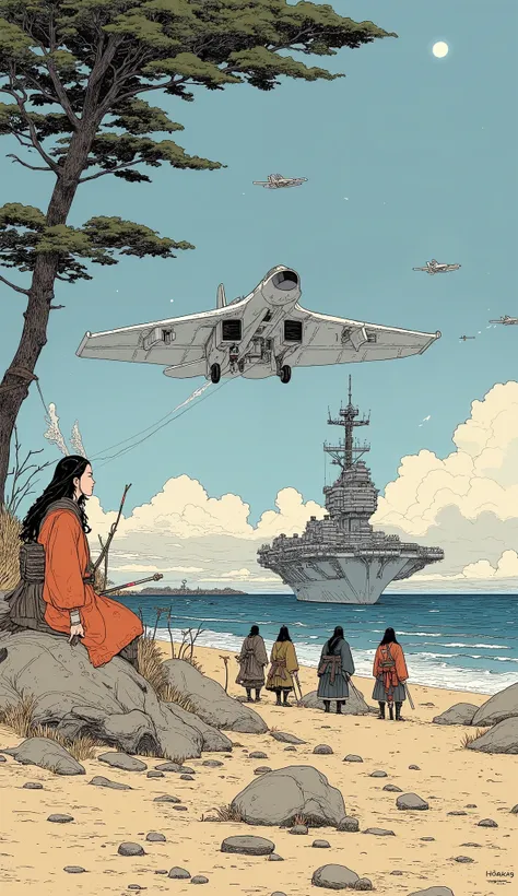  Super Real、  photorealistic、Japanese painting style、A sandy beach in the Edo period 、pine tree、 a group of samurai watching the aircraft carrier that has arrived from a sandy beach、F14 launches from an aircraft carrier 、There is no way to beat a giant air...