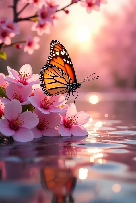 there is a butterfly that is flying over some cherry flowers near water waves, The sun shines on flowers, water, and butterfly, flowers and butterflies, beautiful nature, harmony of butterfly, spring time, butterfly, very beautiful photo, really beautiful ...