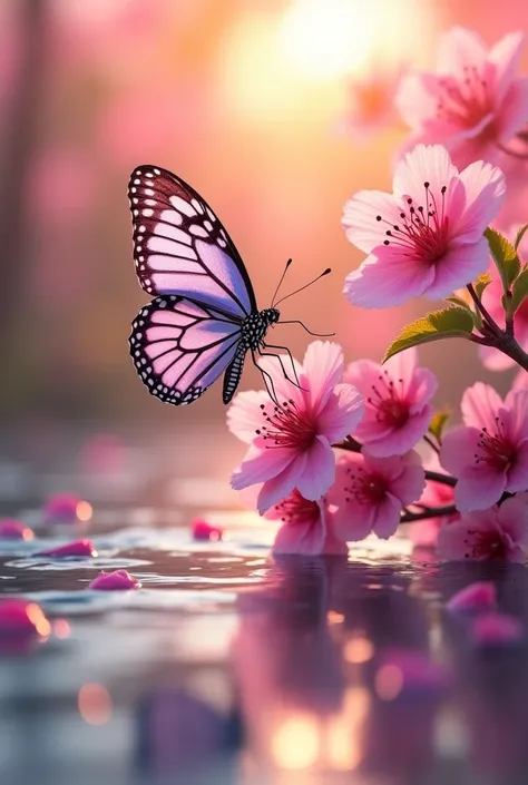 there is a butterfly that is flying over some cherry flowers near water waves, The sun shines on flowers, water, and butterfly, flowers and butterflies, beautiful nature, harmony of butterfly, spring time, butterfly, very beautiful photo, really beautiful ...