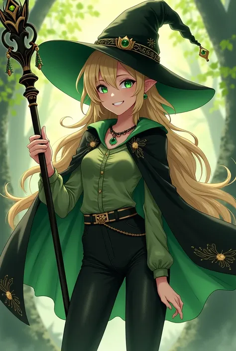 ( maximum quality,  best quality angle,  official art ,  full body,  Beautiful and aesthetic:1.2) female, Crazy anime elf ,  Long blond hair ,  green eyes,  perverse smile ,  Witch's hat,  wearing a black cape ,  witch clothes and pants ,  wielding a divin...