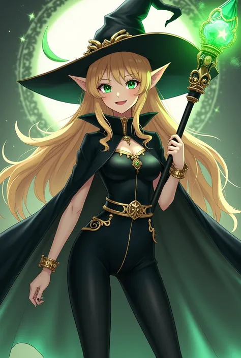 ( maximum quality,  best quality angle,  official art ,  full body,  Beautiful and aesthetic:1.2) female, Crazy anime elf ,  Long blond hair ,  green eyes,  perverse smile ,  Witch's hat,  wearing a black cape ,  witch clothes and pants ,  wielding a divin...