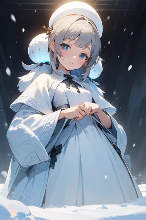  best quality,   super high resolution, illustration style, (( cute middle school girl)),( small tits),Medium grey hair, light blue eyes ,Snow Woman、A pure white dress