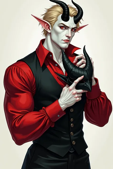 A male teifling tall and buff with white skin all over  except for his left arm is red with some of the colour creeping up the left side of his neck stopping at the jawline. He has full black eyes and short dirty blonde hair. With black horns. He wears a d...