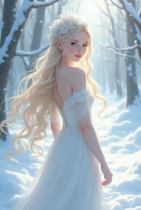  in anime style , A snow nymph, pale skinned,  with long hair , with a braid, blond and soft, Warm with a snow cap, walking through a forest in winter 