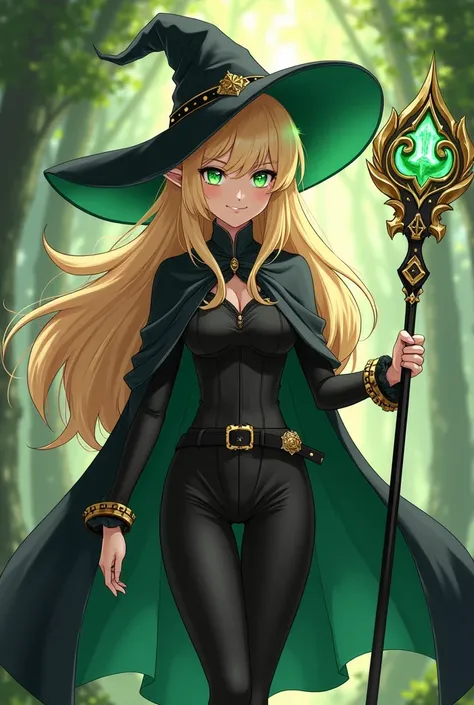 ( maximum quality,  best quality angle,  official art ,  full body,  Beautiful and aesthetic:1.2) female, Crazy anime elf ,  Long blond hair ,  green eyes,  perverse smile ,  Witch's hat,  wearing a black cape ,  witch clothes and pants ,  wielding a divin...