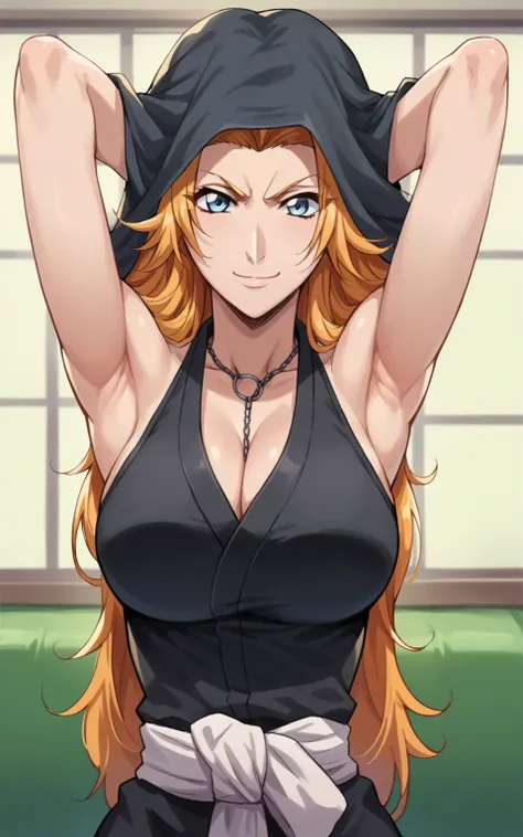 1girl, solo, rangiku matsumoto, long hair, blonde hair, large breasts, bare shoulders, bare arms, arms behind head, armpits, head towards viewer, smile, closed mouth, badhandv4, indoors, cleavage