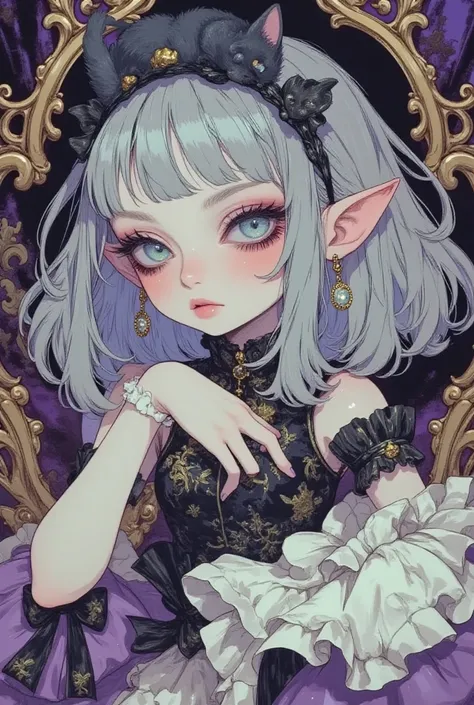 (masterpiece,  perfect detail), ( 1girl , doll body, ball jointed doll, ball jointed, anatomy correct, Silver short bob,  with bangs and eyes hidden , Purple Lips, Sleeveless gothic dress composed of black and white, Frills folded over and over,  frill hea...