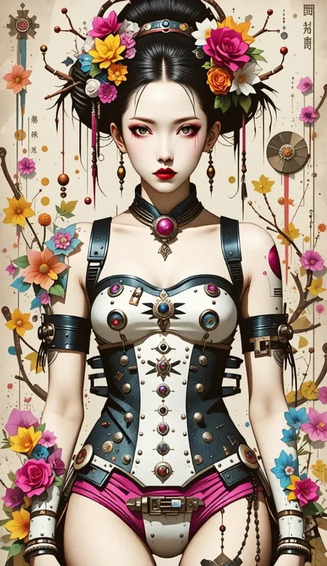 collage painting, ***ite young robot geisha, micro bikini, flat chest, big eyes, ulzzang, wires, buttons, circuits, vines, twigs, nature, science, dramatic, sexy, romanticism, cyberpunk, neo-classical, experimentalism, baroque, impressionism, expressionism...