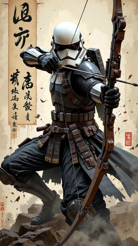 Star Wars, samurai stormtrooper, armored warrior, cable-backed bow, Archery, metallic armor, Japanese calligraphy background, action pose, Off-White and black color scheme, detailed costume, high contrast, dramatic shadows