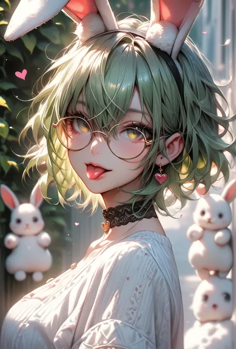 1girl, tongue out, tongue, solo, animal ears, rabbit ears, choker, glasses, round eyewear, green hair, short hair, looking at viewer, hair between eyes, portrait, heart, blurry, bangs, :p, black choker 