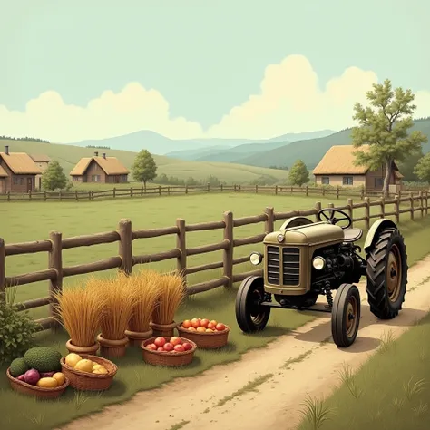  Vintage rural scene ,  inspired by the atmosphere of a traditional collective farm .  In the foreground is an old wooden fence ,  next to which there is a vintage tractor with metal wheels and slightly cracked paint.  Next to it are neatly stacked sheaves...