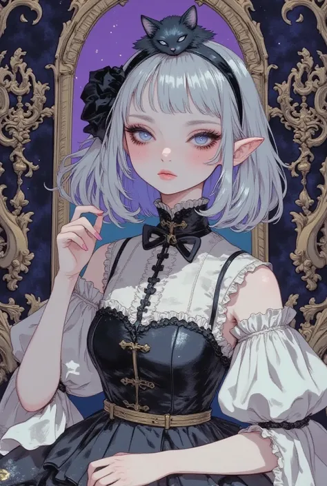 (masterpiece,  perfect detail), ( 1girl , doll body, ball jointed doll, ball jointed, anatomy correct, Silver short bob,  with bangs and eyes hidden , Purple Lips, Sleeveless gothic dress composed of black and white, Frills folded over and over,  frill hea...